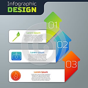 Set Burning match with fire, Fire alarm system and Fire flame. Business infographic template. Vector