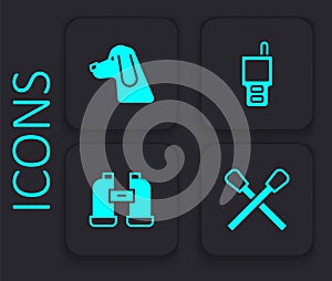 Set Burning match with fire, Hunting dog, Walkie talkie and Binoculars icon. Black square button. Vector