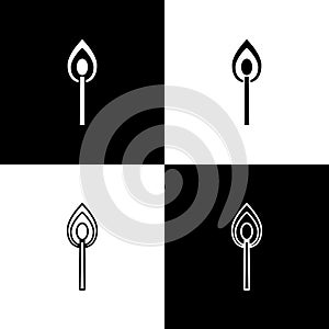Set Burning match with fire icon isolated on black and white background. Match with fire. Matches sign. Vector
