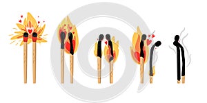 Set of burning match. Sequence steps of combustion. Wood matchstick with sulfur head, flaming stages from ignition to