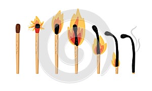 Set of burning match. Sequence steps of combustion. Wood matchstick with sulfur head, flaming stages from ignition to