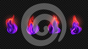 Set of burning purple flame. Vector illustration.