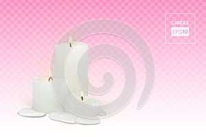 Set of burning white candles on a transparent background