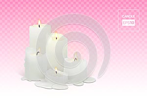 Set of burning white candles on a transparent background