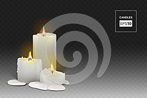 Set of burning white candles on a transparent background