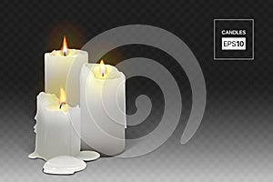 Set of burning white candles on a transparent background