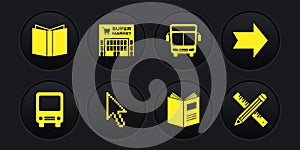 Set Bus, Arrow, Pixel arrow cursor, Open book, Supermarket building, Crossed ruler and pencil and icon. Vector