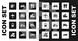Set Bus, Car, Plane, Helicopter, TV News car, Delivery truck, Minibus and Train and railway icon. Vector