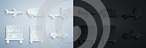 Set Bus, Delivery cargo truck vehicle, School, Pickup, Tanker and Plane icon. Vector