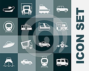 Set Bus, Plane, Rv Camping trailer, Cruise ship, Tram and railway, Train, Rafting boat and icon. Vector