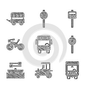 Set Bus, Tractor, Delivery cargo truck, Road traffic signpost, Boat with oars, Bicycle, and Wild west covered wagon icon