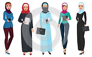 Set of business arab woman character with hijab. Muslim female people vector illustration.