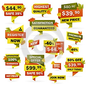 Set business autumn price labels with colored leafs