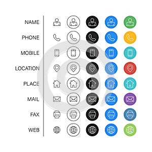 Set of Business Card icons. Name, phone, mobile, location, place, mail, fax, web. Contact us, information, communication. Vector