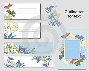 Set of business card templates and text frames with floral pattern. Natural ornament of painted flowers in retro style for