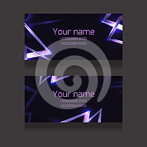 Set of business cards with abstract neon triangles and glister on dark background. Objects separate from the background.