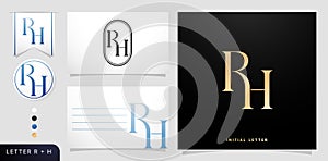 a set of business cards with the letter RH, Luxury Initial Letters R and H Logos Designs in Blue Colors