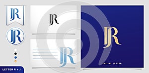 a set of business cards with the letter RJ, Luxury Initial Letters R and J Logos Designs in Blue Colors