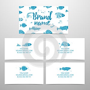 Set of business cards to corporate identity. Business cards with the decor of fish. Design template with sea pattern