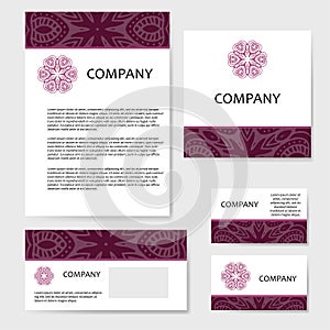 Set of business cards. Vintage pattern in retro style with mandala. Hand drawn Islam, Arabic, Indian, lace pattern