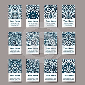 Set of business cards. Vintage pattern in retro style with mandala. Hand drawn Islam, Arabic, Indian, lace pattern