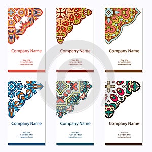 Set of business cards. Vintage pattern in retro style with mandala. Hand drawn Islam, Arabic, Indian, lace pattern