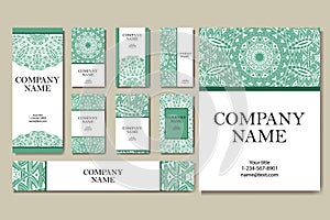 Set of business cards. Vintage pattern in retro style with mandala. Hand drawn Islam, Arabic, Indian, lace pattern