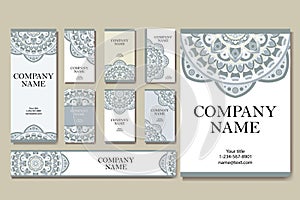 Set of business cards. Vintage pattern in retro style with mandala. Hand drawn Islam, Arabic, Indian, lace pattern