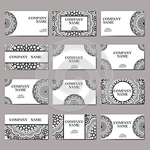 Set of business cards. Vintage pattern in retro style with mandala. Hand drawn Islam, Arabic, Indian, lace pattern