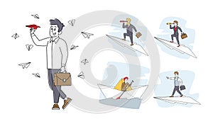 Set Business Characters Sail Paper Boat, Flying on Paper Airplane. Man and Woman in Ocean and Sky Risk, Search Solution