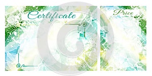 Set for business design, certificate and price list template. Watercolor abstract frames, blue and green gradient with