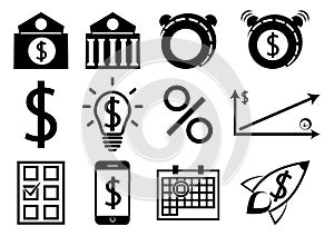 A set of business and finance icons. Flat design. Pension payment, money deposit. Bank deposit. Save money icons set. Simple set
