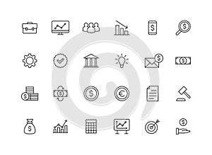 Set of 24 Business and Finance web icons in line style. Money, dollar, infographic, banking. Vector illustration