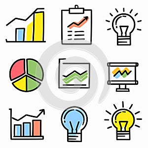 Set business icons featuring pie chart, clipboard growth chart, two types lightbulbs, bar graph photo