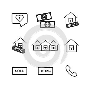 Set of business icons. Icons of sold and rent house, money and phone. Business growth on white isolated background