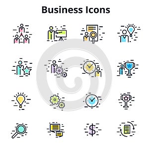 Set of business icons in line flat vector design. Corporate symbols for training, coaching, HR, time management, etc.