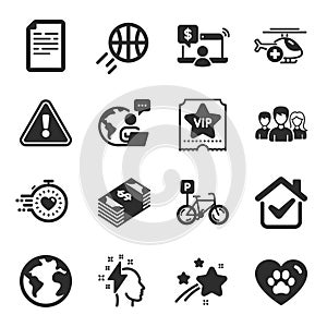 Set of Business icons, such as Basketball, World planet, Document symbols. Vector