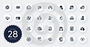 Set of Business icons, such as Consulting business, Judge hammer and World medicine flat icons. Vector