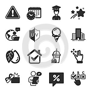 Set of Business icons, such as Ice cream milkshake, Opened gift, Student symbols. Vector