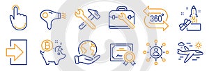 Set of Business icons, such as Innovation, Airplane travel, Hand click. Vector