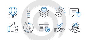 Set of Business icons, such as Refill water, Like hand, Champagne bottle. Vector