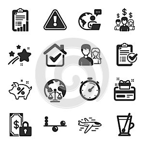 Set of Business icons, such as Survey checklist, Teamwork, Airplane symbols. Vector