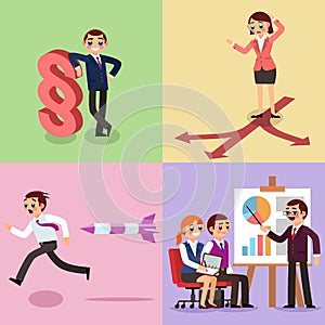 Set of business illustration. Working men and women.