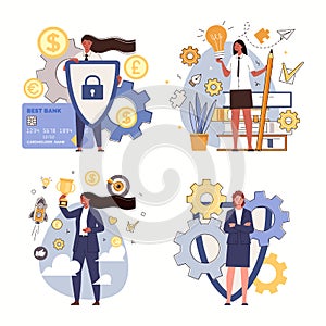 Set of business illustrations. Collection of conceptual scenes of success, financial independence, career advancement of women in