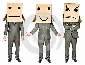 Set of business man with cardboard box on his head