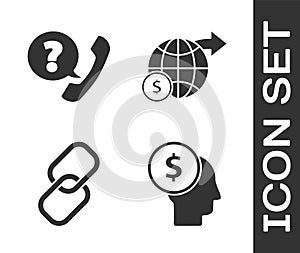 Set Business man planning mind, Telephone handset and speech bubble chat, Chain link and Earth globe with dollar icon