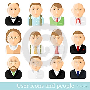 Set of business man and students icons in flat style. Different occupations age and style isolated