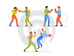 Set Business Men Boxing, Fighting in Gloves Isolated on White Background. Male Characters Fight for Leadership