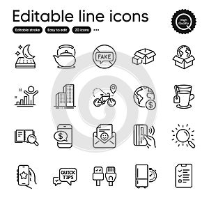 Set of Business outline icons. Contains icons as Fake news, Teapot and Tea elements. For website, application. Vector