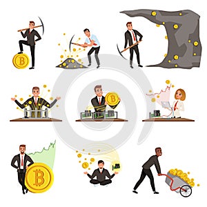 Set of business people extracting cryptocurrency, golden bitcoins. Mining farm. Virtual money and finance theme. Miner